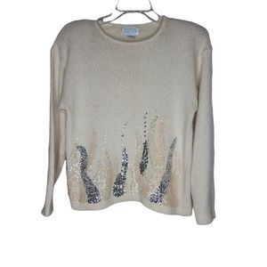 Vintage 80s Extra Energy De Rotchild Sequin Gem Sweater M Silk Angora Beige